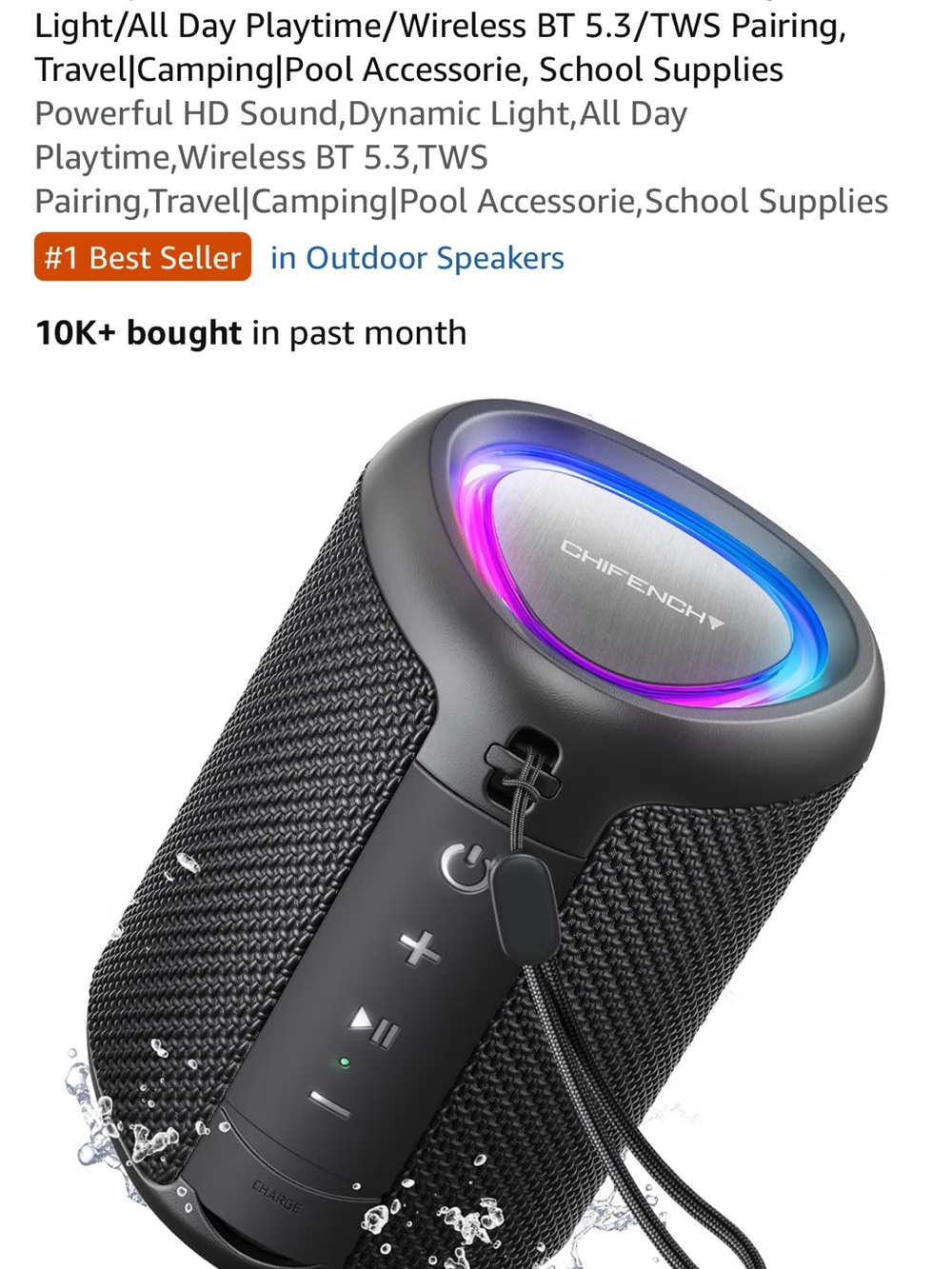 Black Portable Bluetooth Speaker with LED Ring